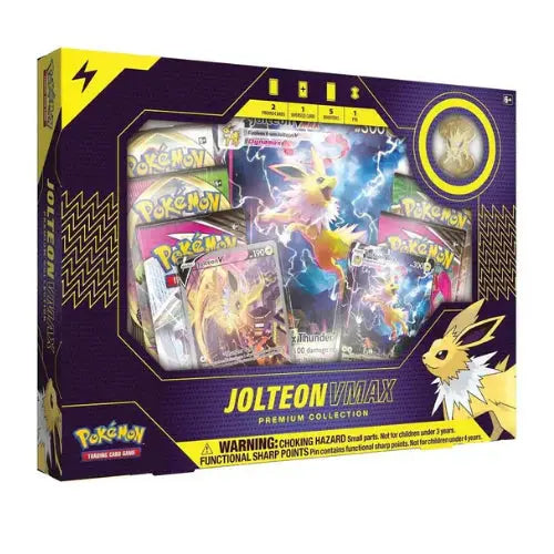 Pokémon Jolteon VMAX Premium Collection Box – Includes Jolteon V & VMAX promo cards, oversized VMAX card, booster packs, and collector’s pin.
